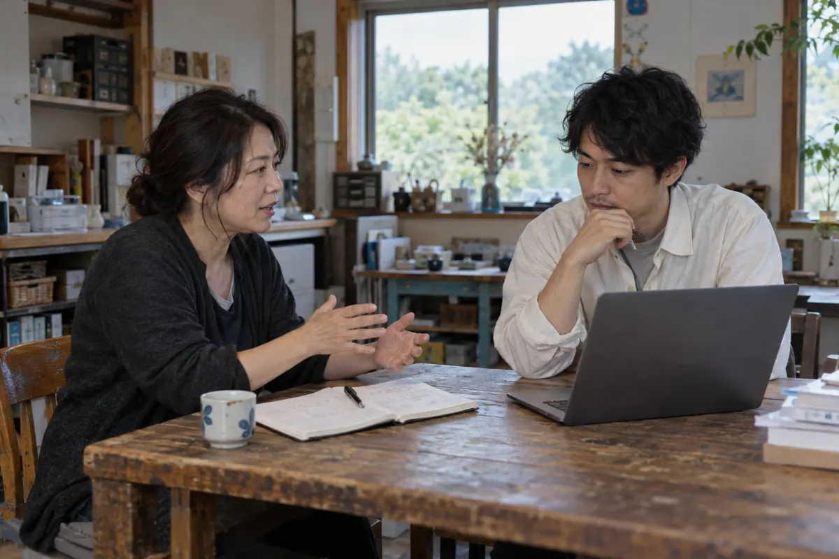 ノートとPCを前に、事業者の話を聞く開発者の生成イメージ。
