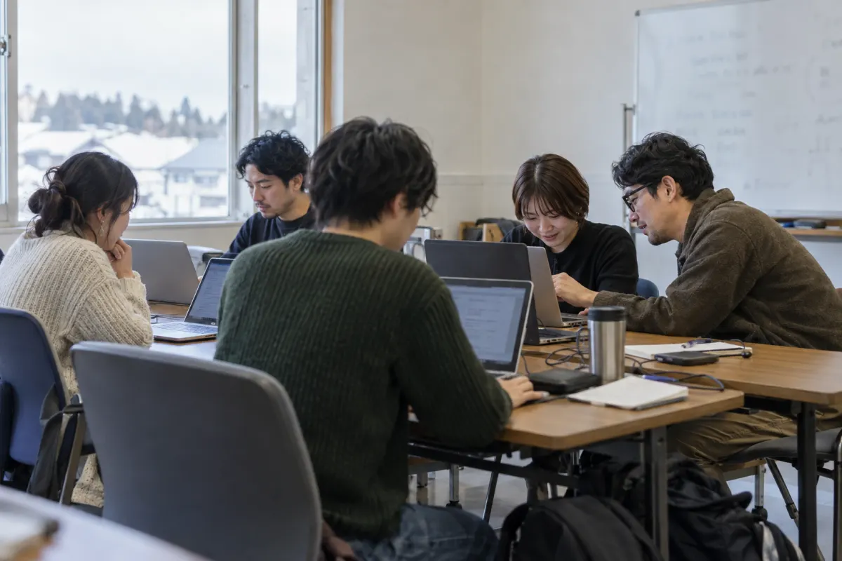 ノートPCを使って学び合う大人たちの生成イメージ。