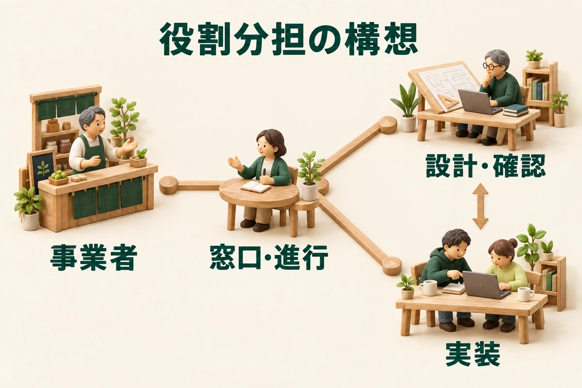 事業者からの相談を窓口・進行担当が整理し、設計・確認担当と実装担当が分担して進める構想の図。