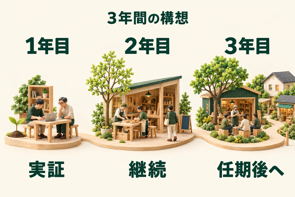1年目は実証、2年目は継続、3年目は任期後へつなぐという3段階の構想を、芽から育つ木と仕事場で表した図。